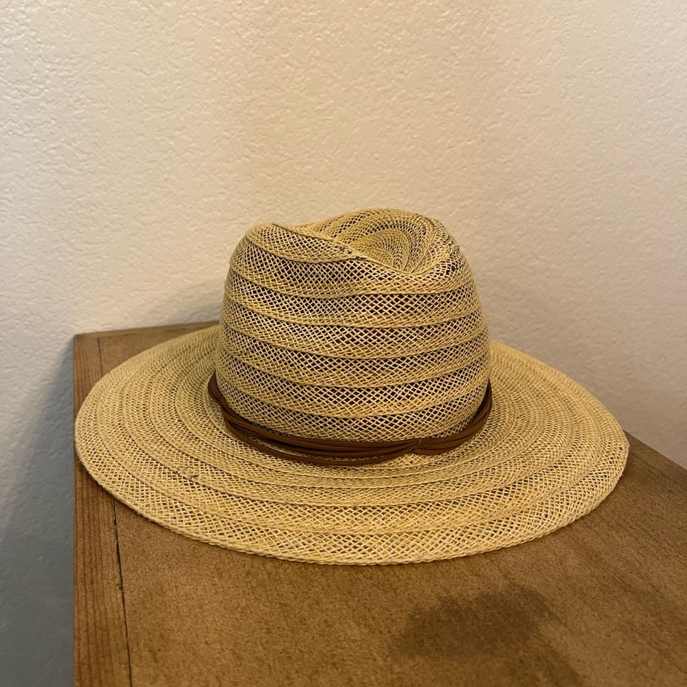 UO Indie Staw Hat with Faux Brown Leather Trim